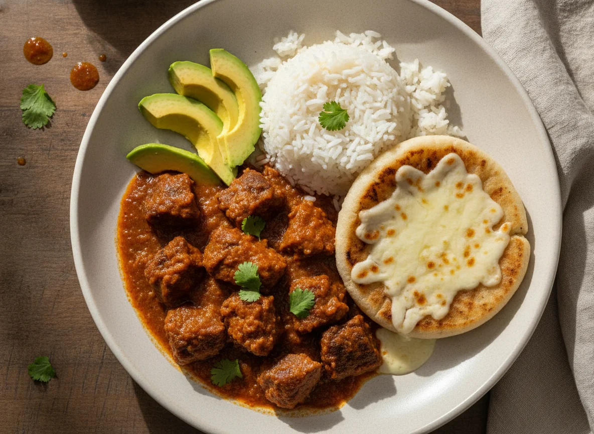Almuerzo típico colombiano con carne guisada, arroz, arepa con queso y aguacate photo