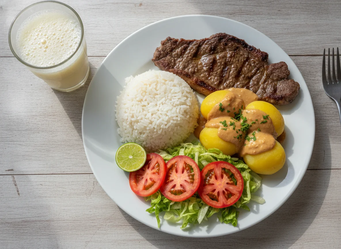 Almuerzo típico ecuatoriano con arroz, carne y ensalada photo