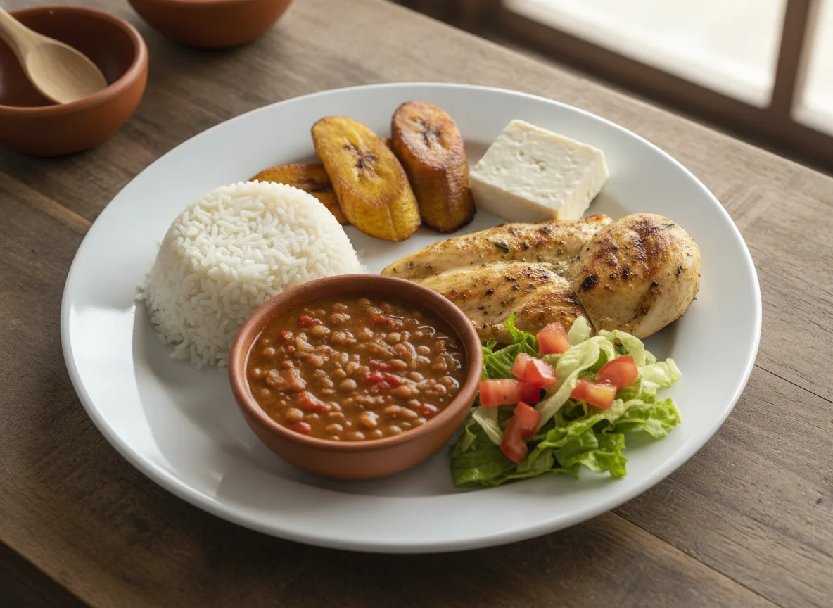 Almuerzo típico ecuatoriano con pollo, lentejas y arroz photo