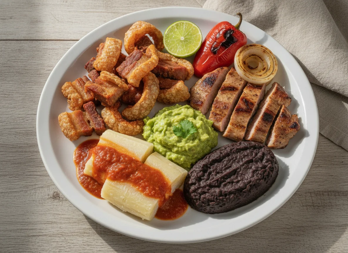 Almuerzo típico guatemalteco con chicharrón y guacamol photo