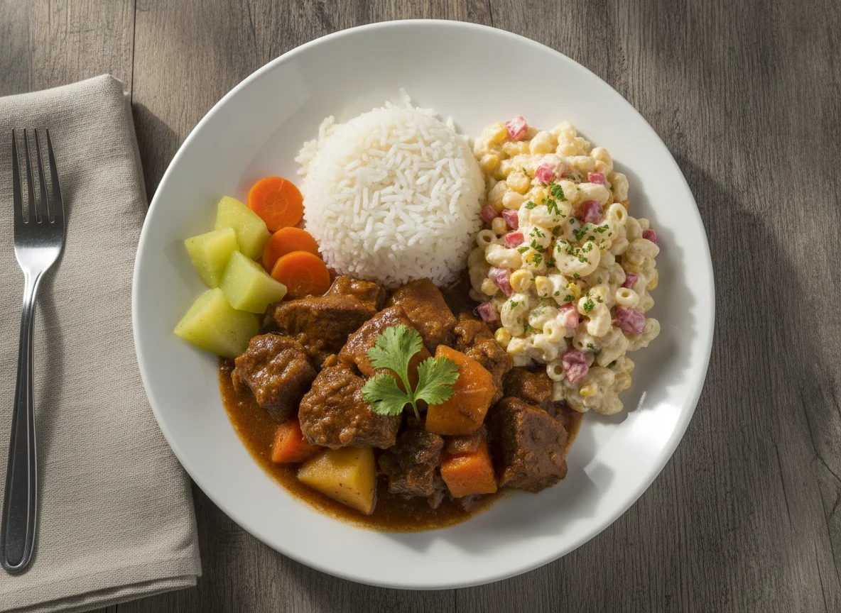 Almuerzo típico salvadoreño con carne guisada, arroz y ensalada de coditos photo