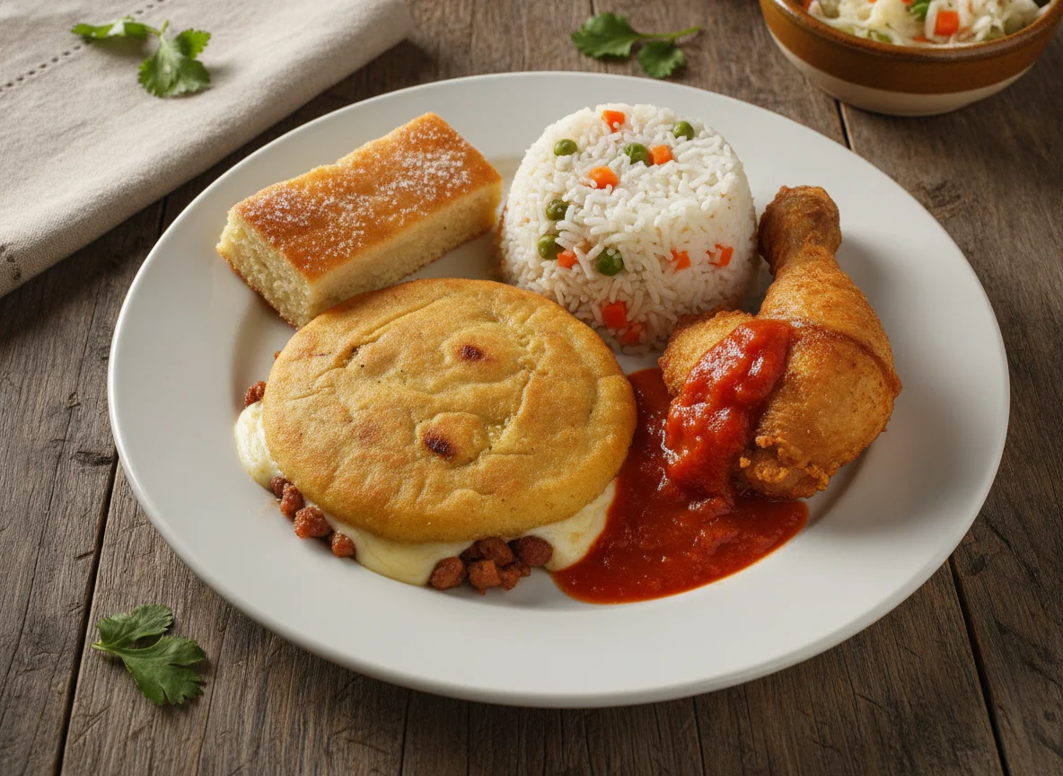 Almuerzo típico salvadoreño con pupusa y arroz photo