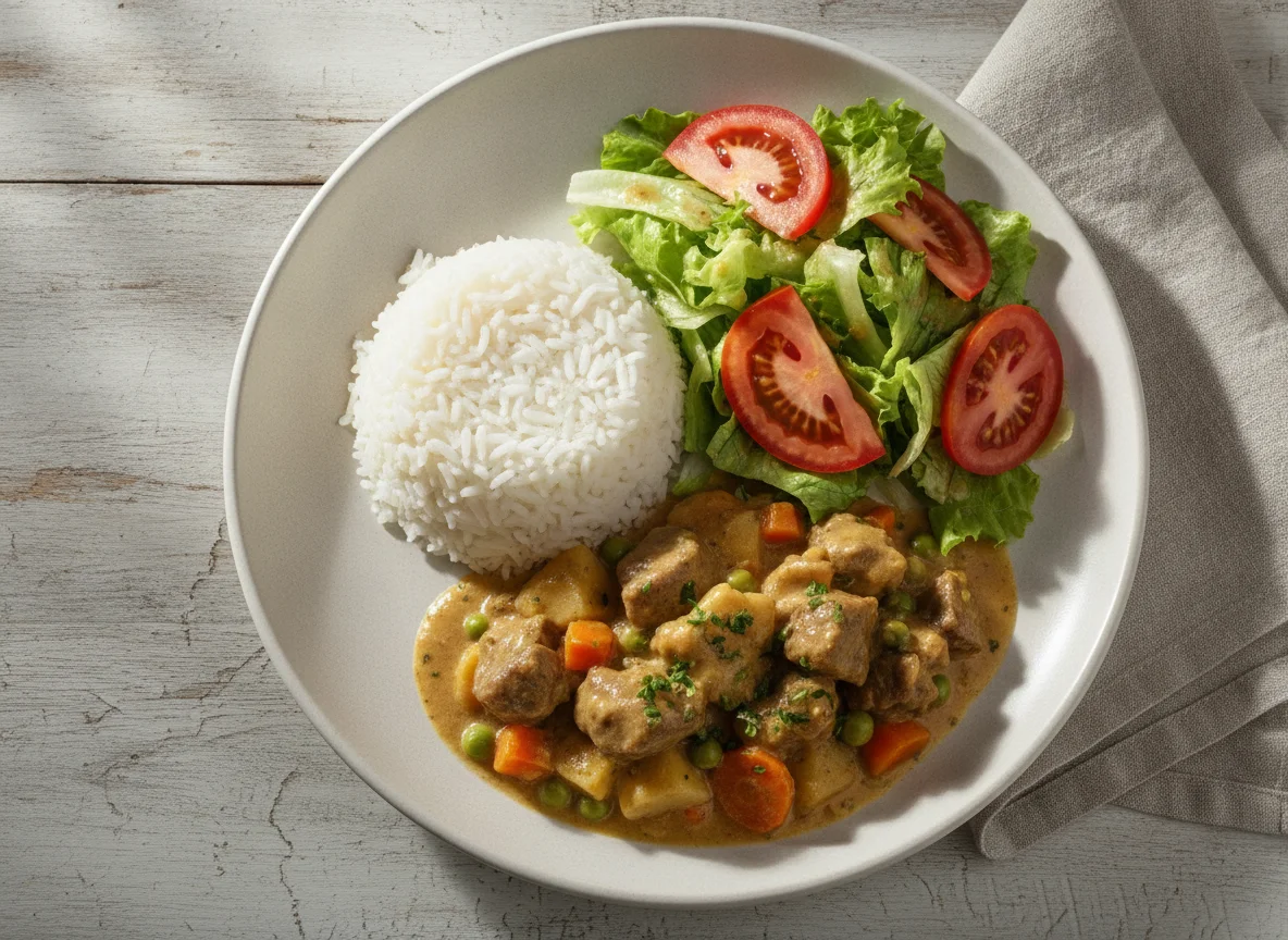 Almuerzo variado con arroz, ensalada y guiso cremoso photo