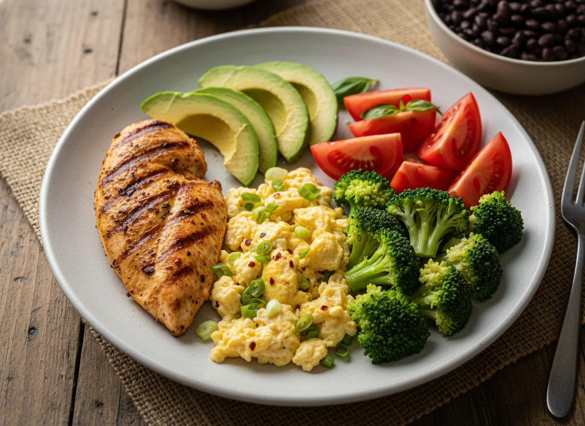 Almuerzo variado con brócoli, tomate, huevos revueltos y pollo photo