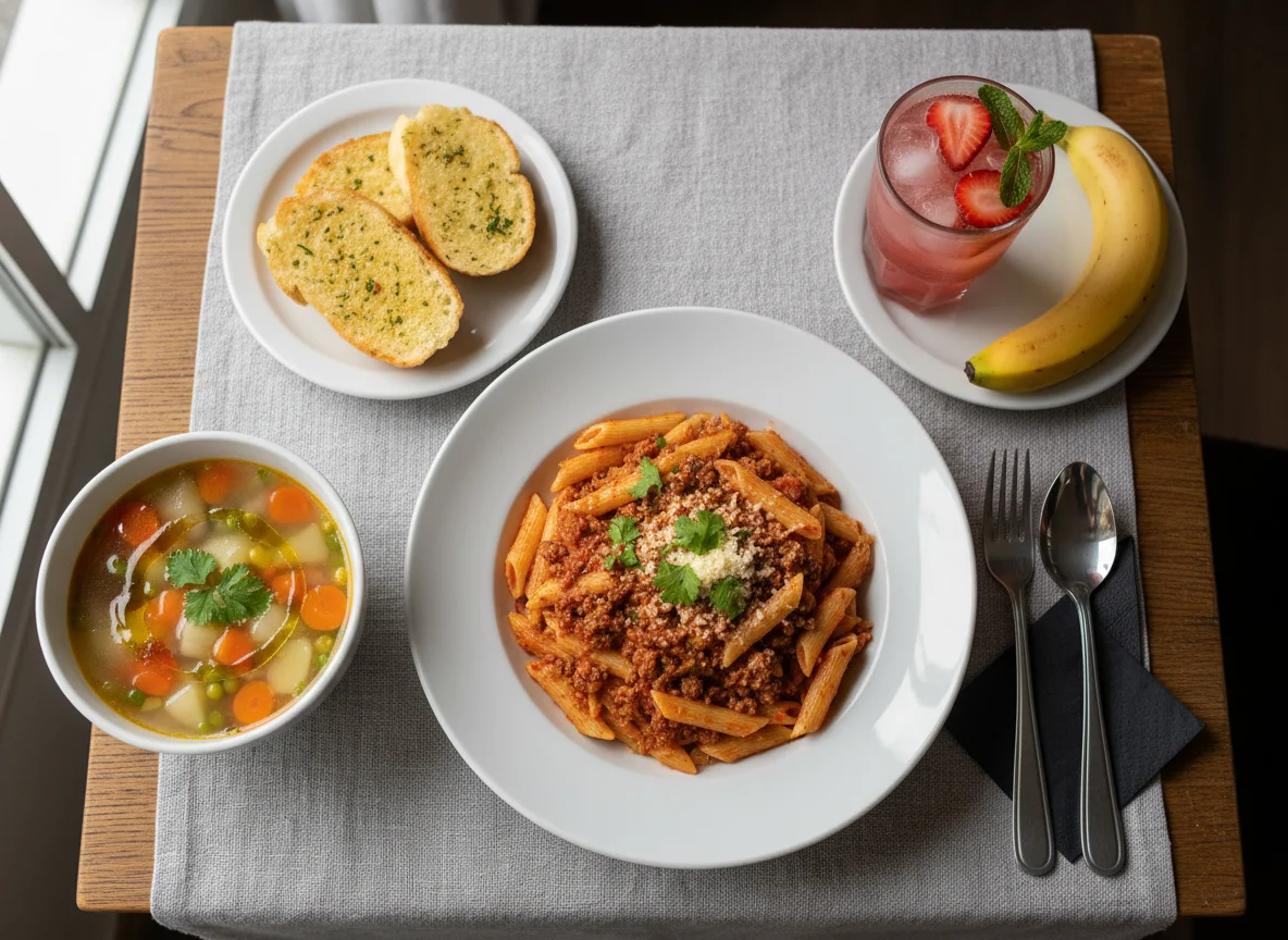 Almuerzo variado con pasta y sopa photo