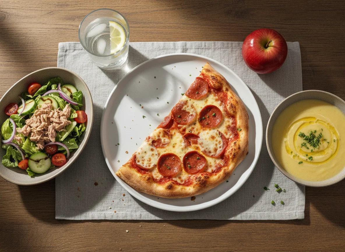 Almuerzo variado con pizza, ensalada de atún y sopa photo