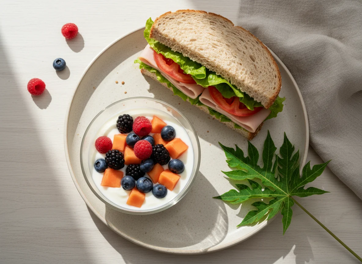 Almuerzo variado con sándwich y fruta con yogur photo