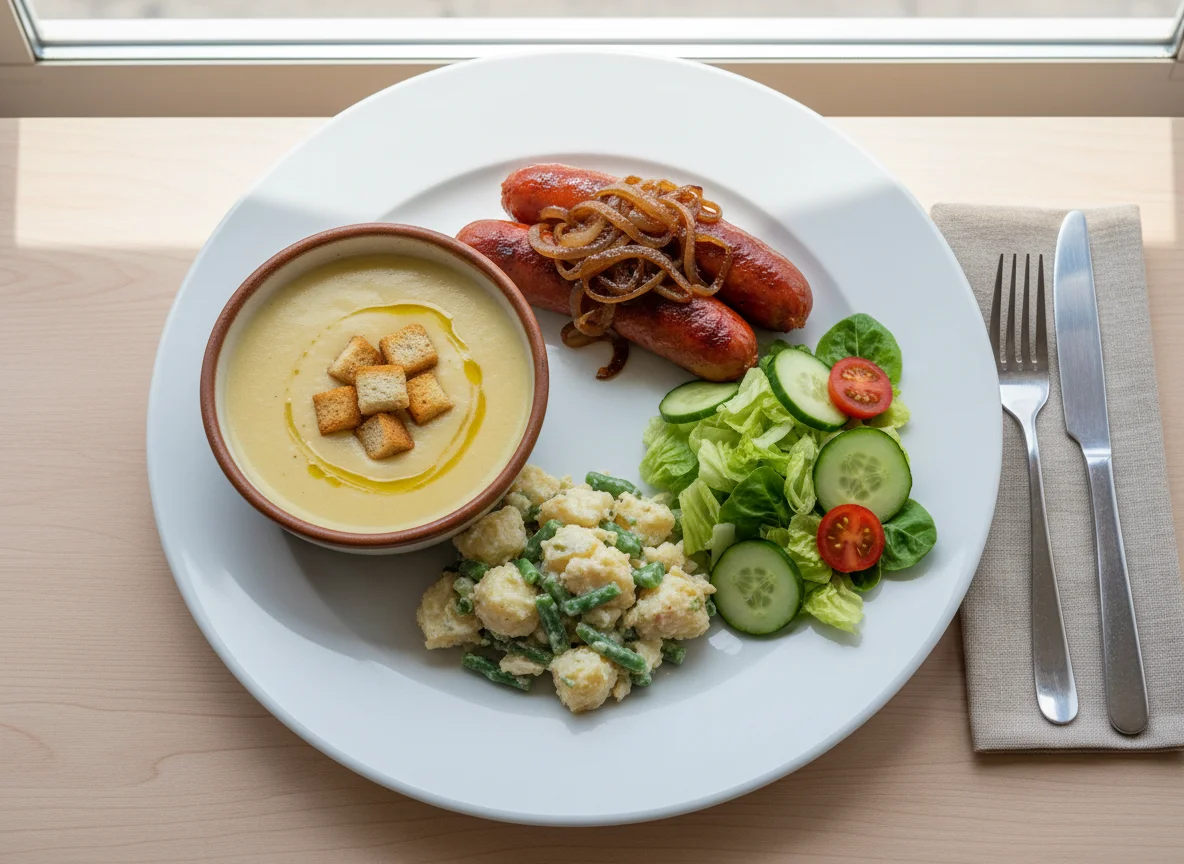 Almuerzo variado con sopa, salchichas y ensalada photo