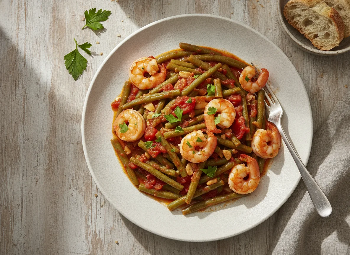 Alubias verdes con gambas photo