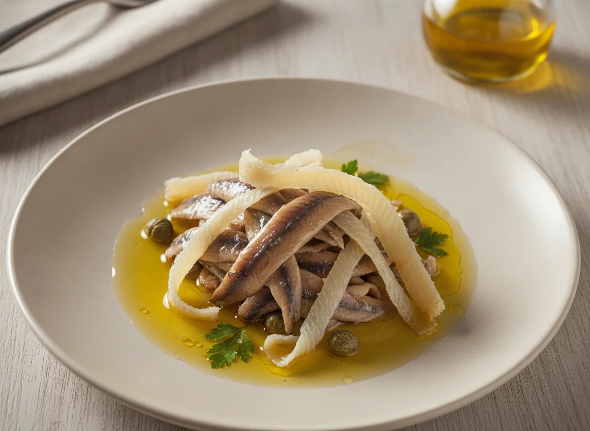 Anchoas en aceite con tiras de bacalao seco photo