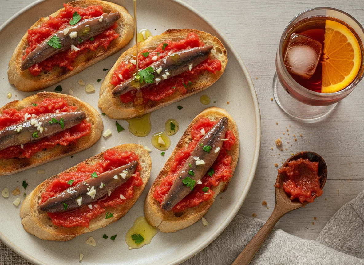 Anchoas sobre pan con tomate y vermut photo