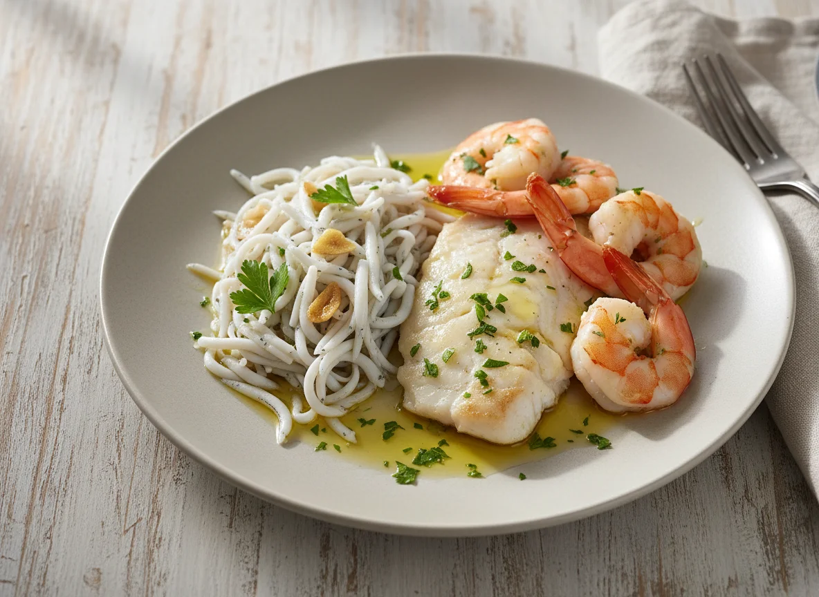 Angulas con gambas y pescado blanco photo