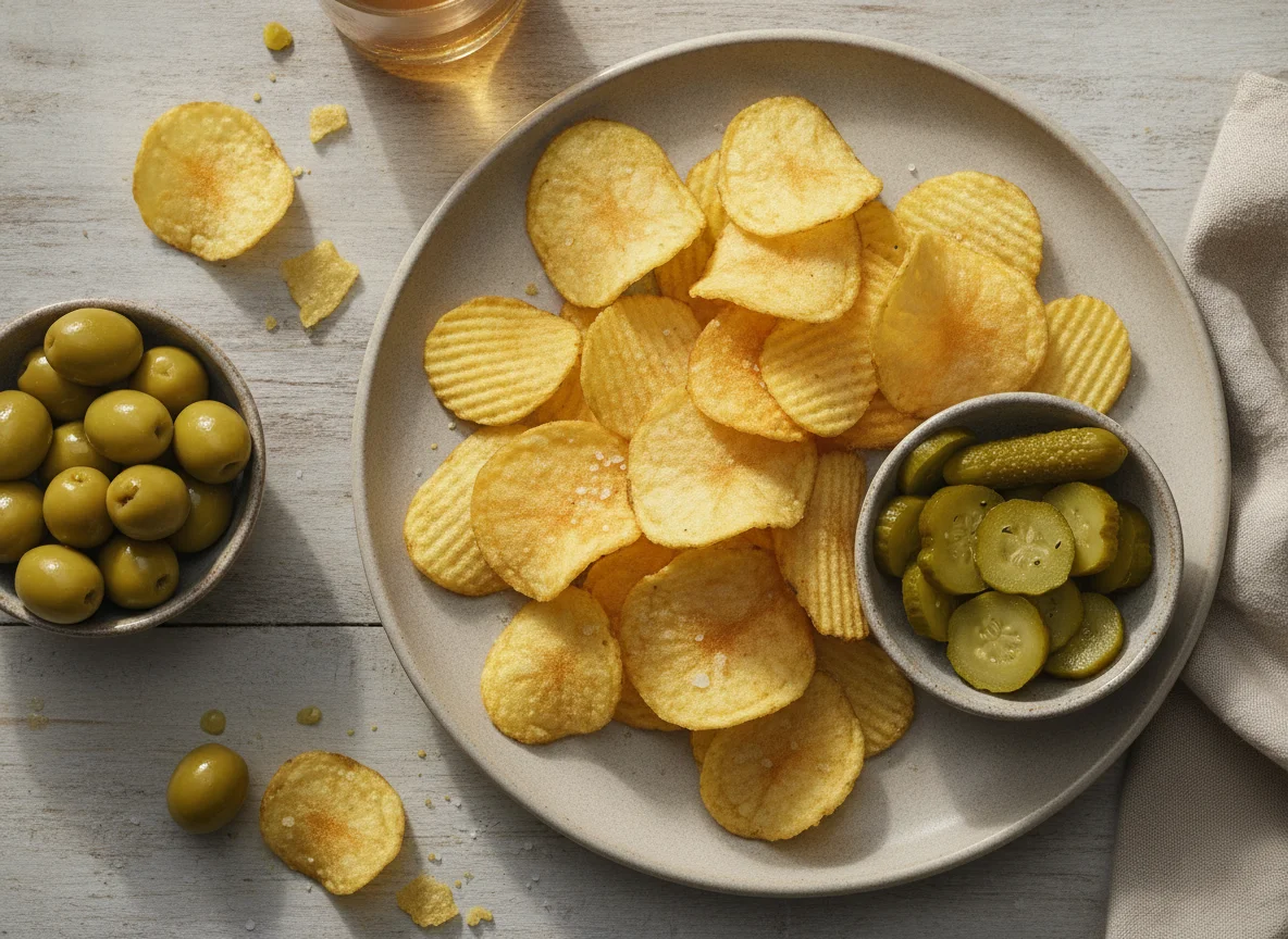 Aperitivo de patatas fritas, aceitunas y pepinillos photo
