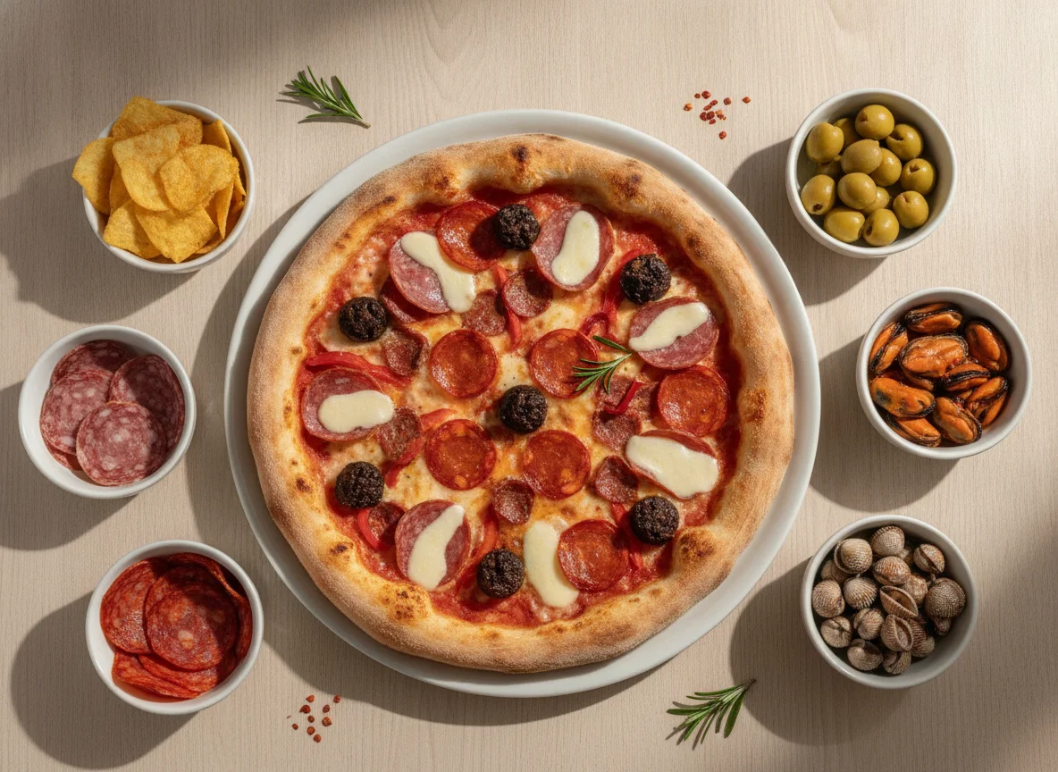 Aperitivo variado y pizza photo