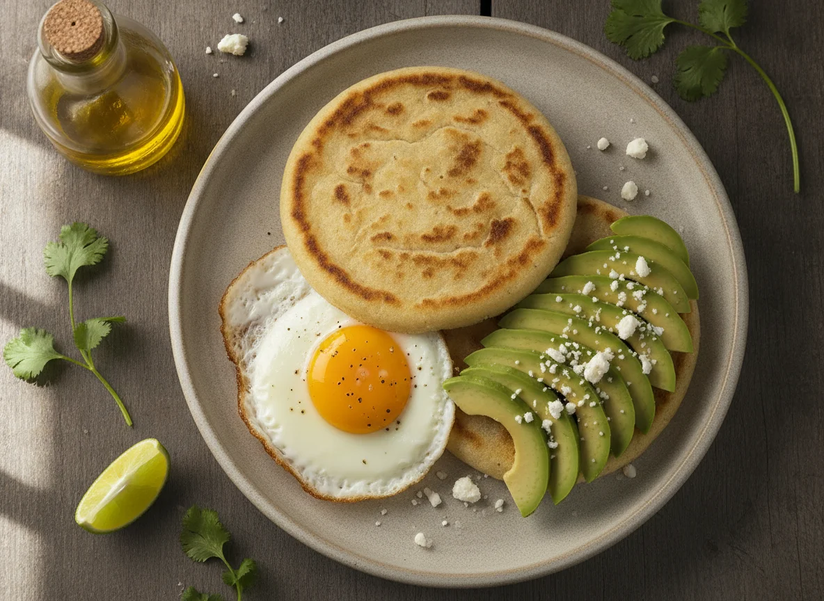 Arepa con aguacate y huevos fritos photo