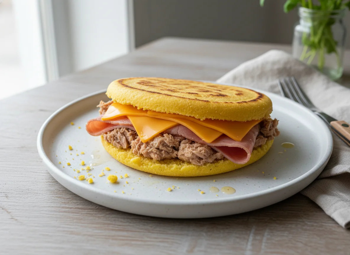 Arepa con atún, jamón y queso photo