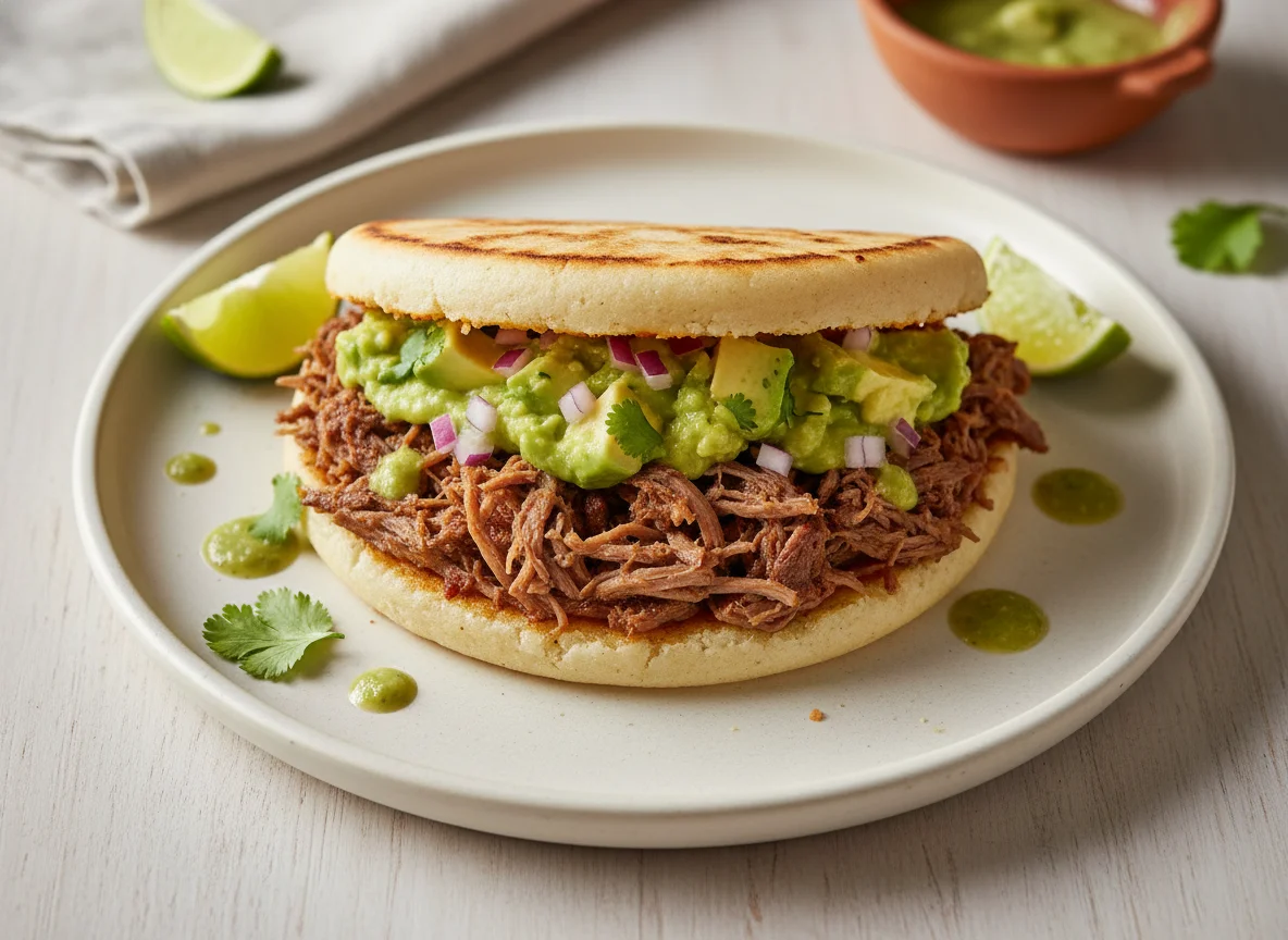 Arepa con carne desmechada y aguacate photo