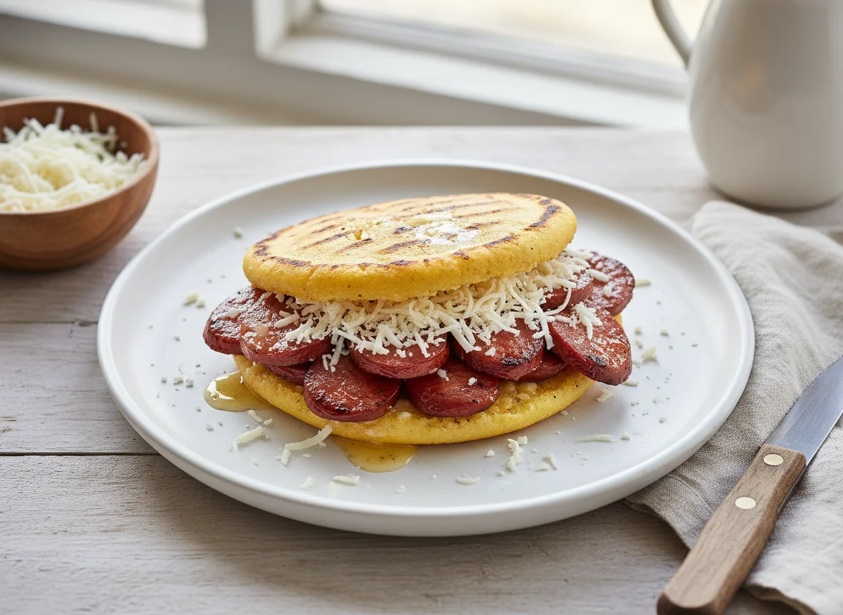 Arepa con chorizo y queso photo
