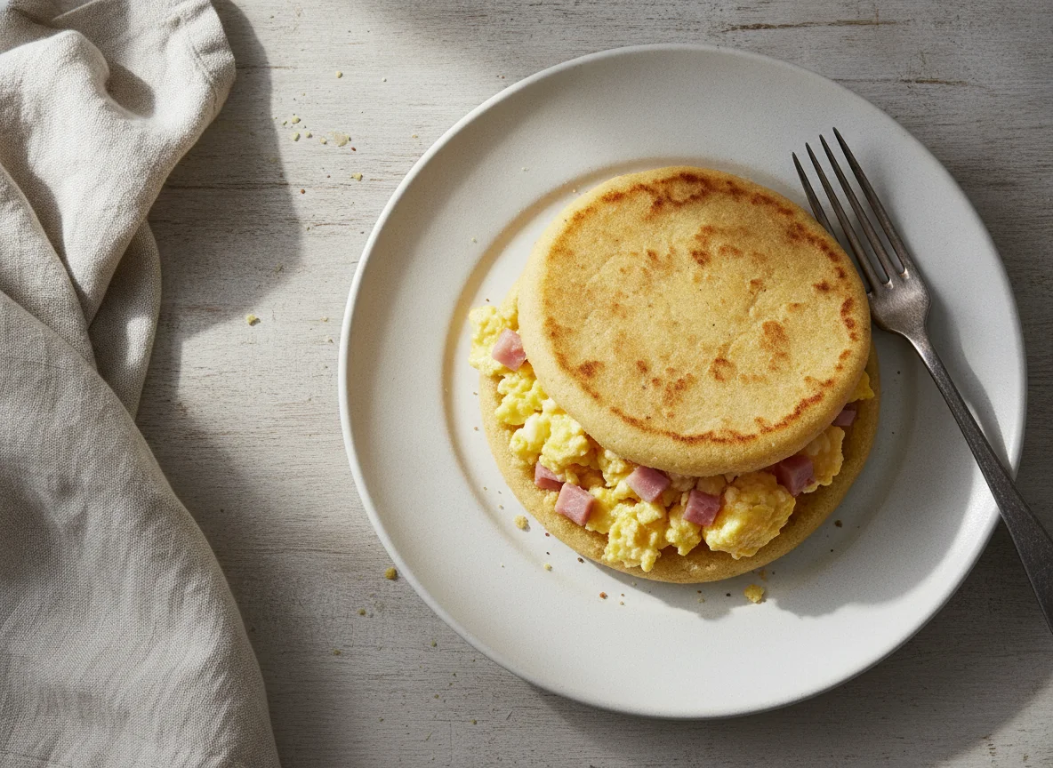 Arepa con huevo y jamón photo