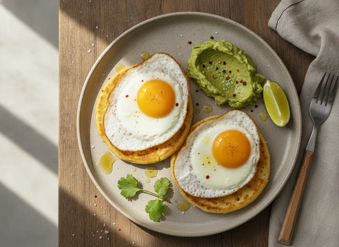 Arepa con huevos fritos y aguacate photo