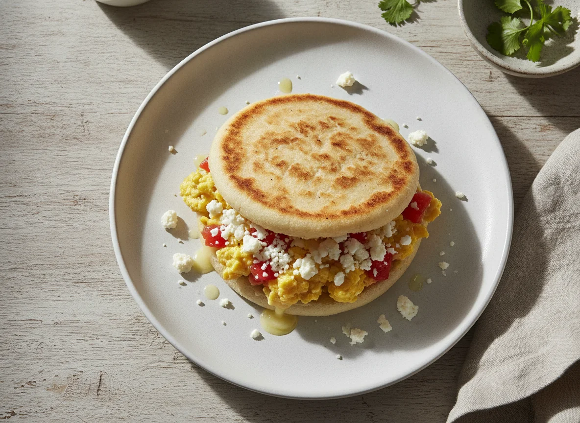 Arepa con huevos pericos y queso photo