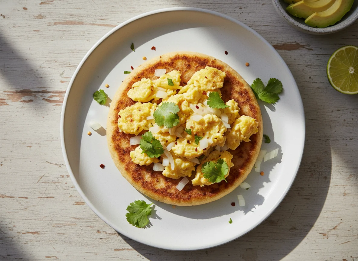 Arepa con huevos revueltos photo