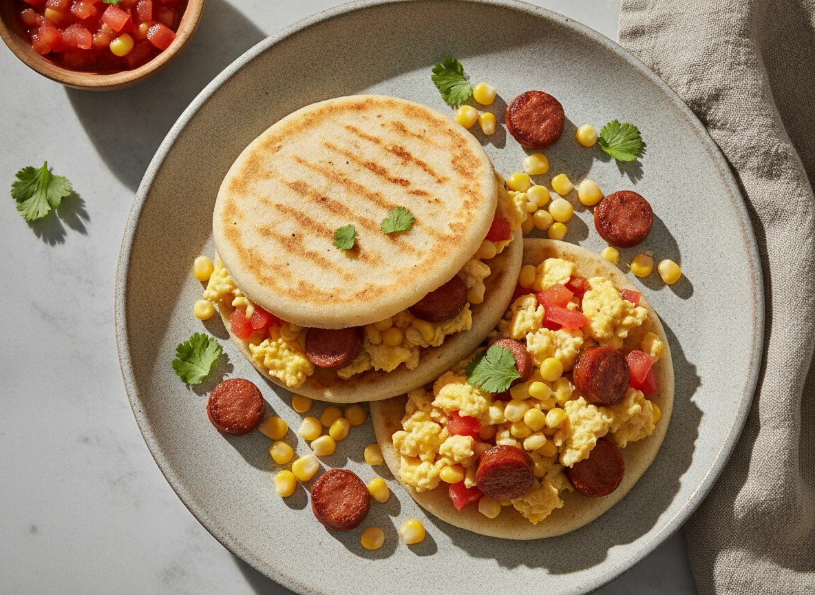 Arepa con huevos revueltos, maíz y salchicha photo