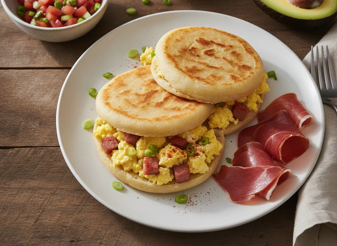 Arepa con huevos revueltos y jamón photo
