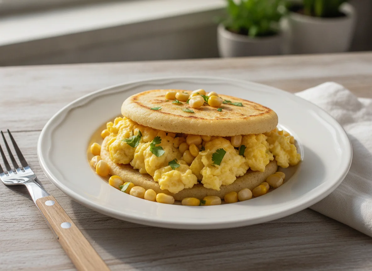 Arepa con huevos revueltos y maíz photo