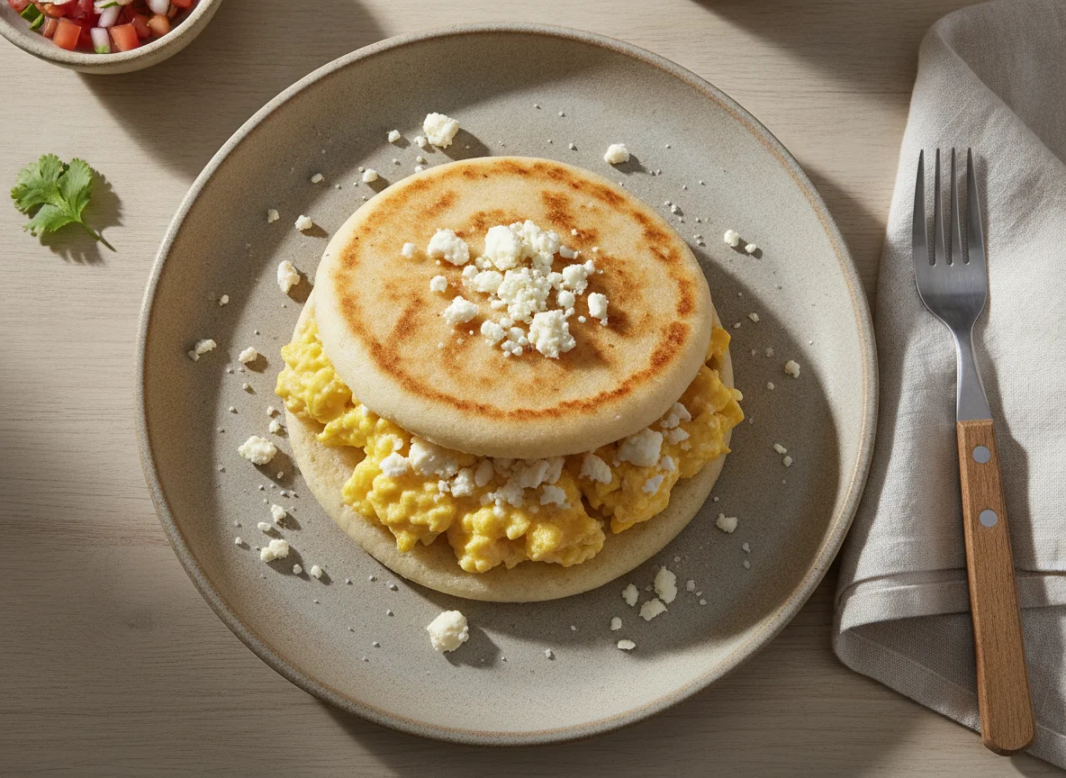 Arepa con huevos revueltos y queso photo