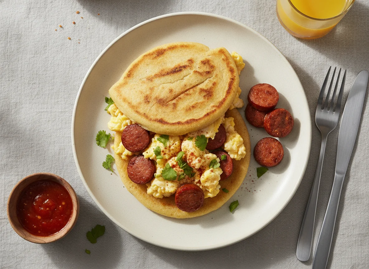 Arepa con huevos revueltos y salchicha photo