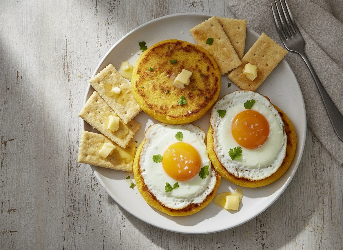 Arepa con huevos y galletas de soda photo