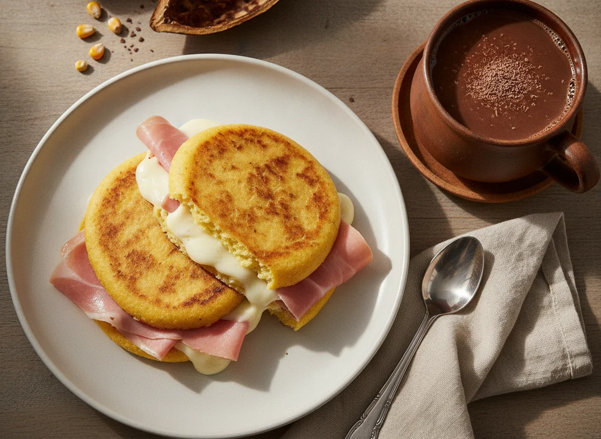 Arepa con jamón y chocolate caliente photo