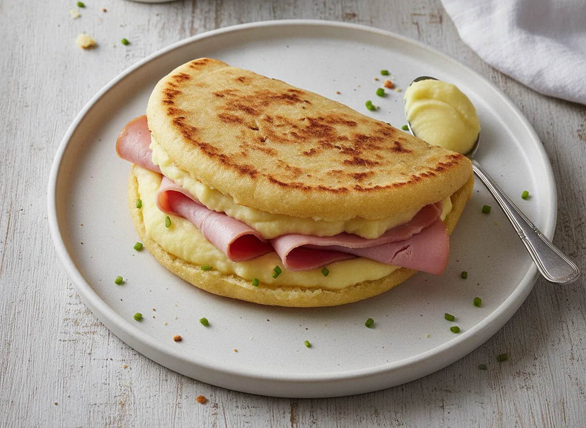 Arepa con jamón y puré de papa photo