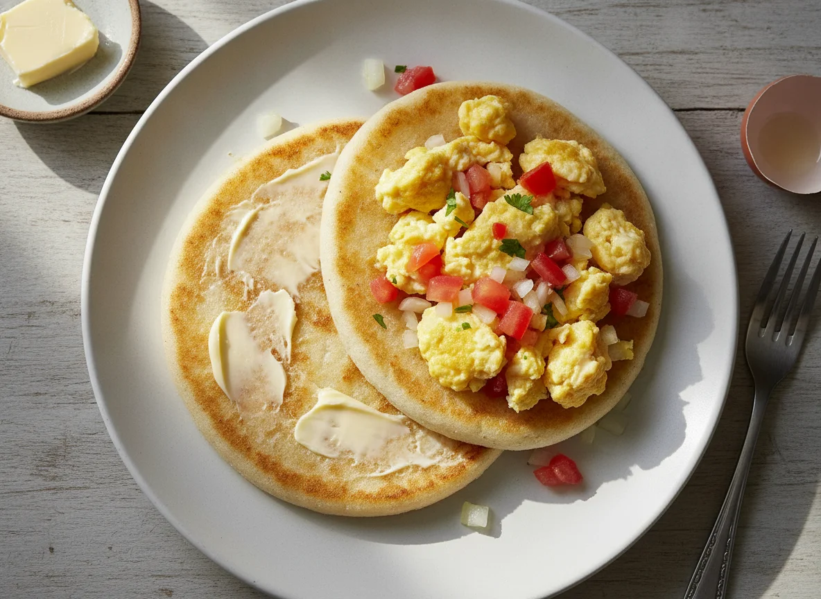 Arepa con mantequilla y huevos pericos photo