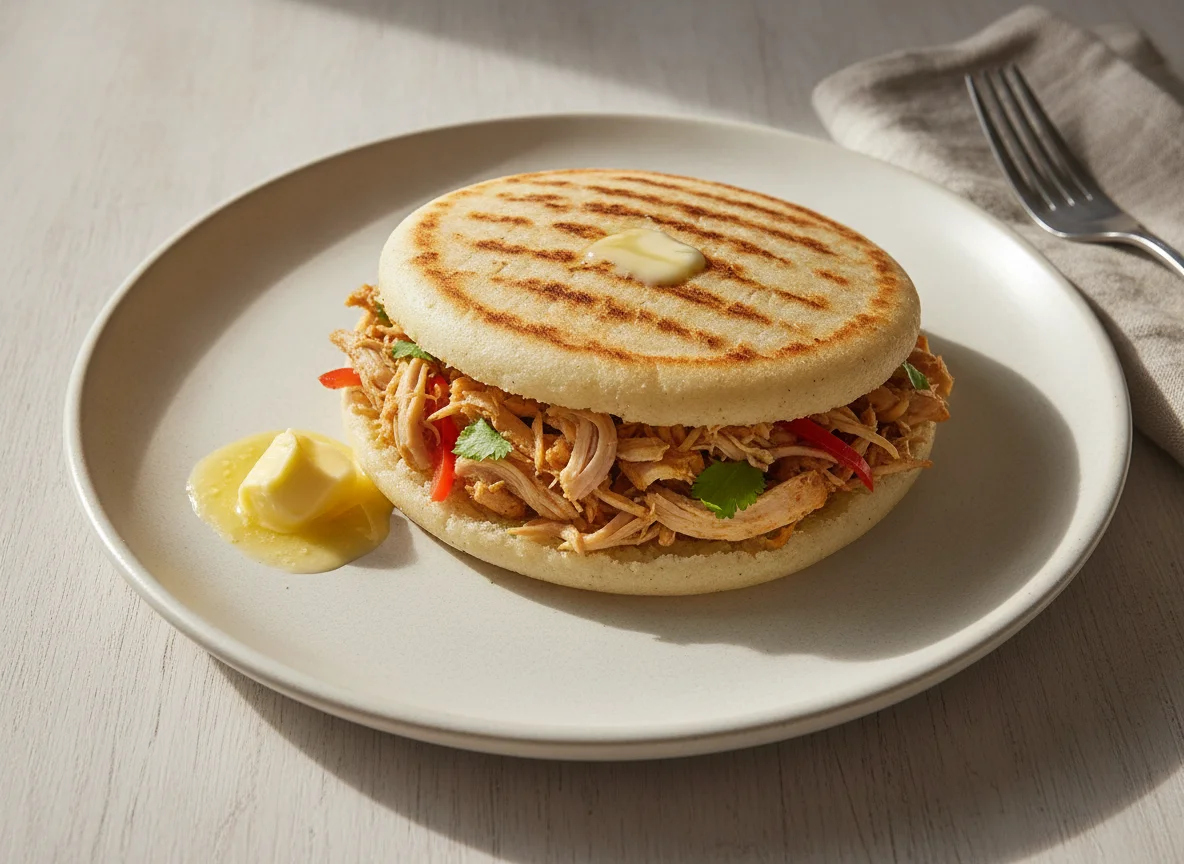Arepa con pollo desmechado photo