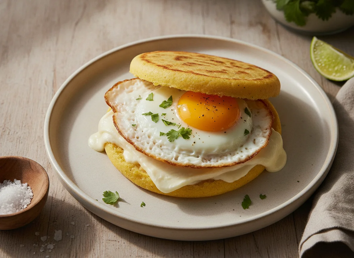 Arepa con queso y huevo frito photo