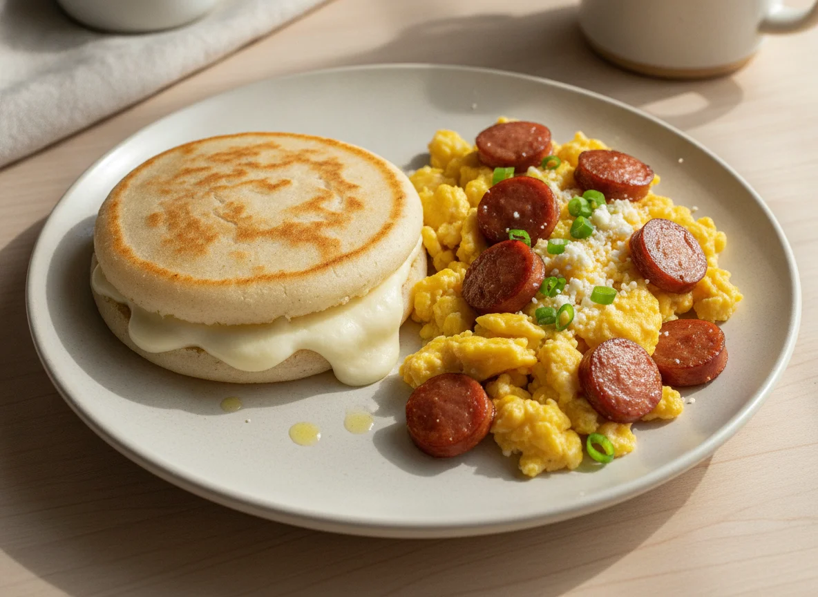 Arepa con queso y huevos revueltos con salchicha photo