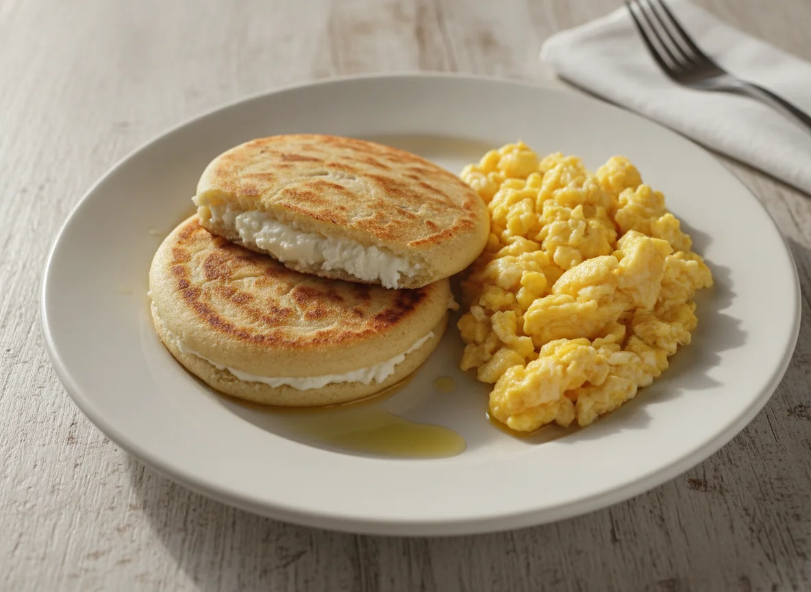 Arepa con queso y huevos revueltos photo