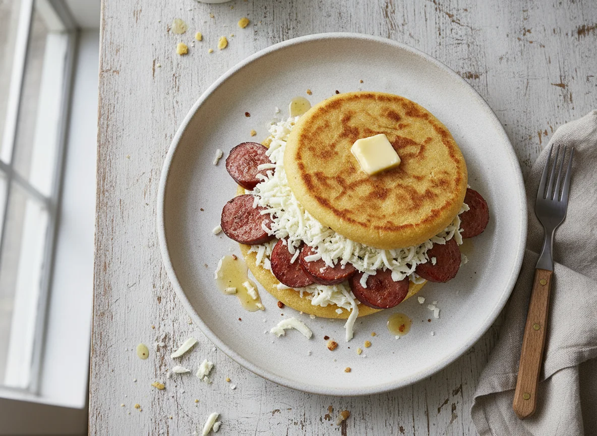 Arepa con queso y salchicha photo
