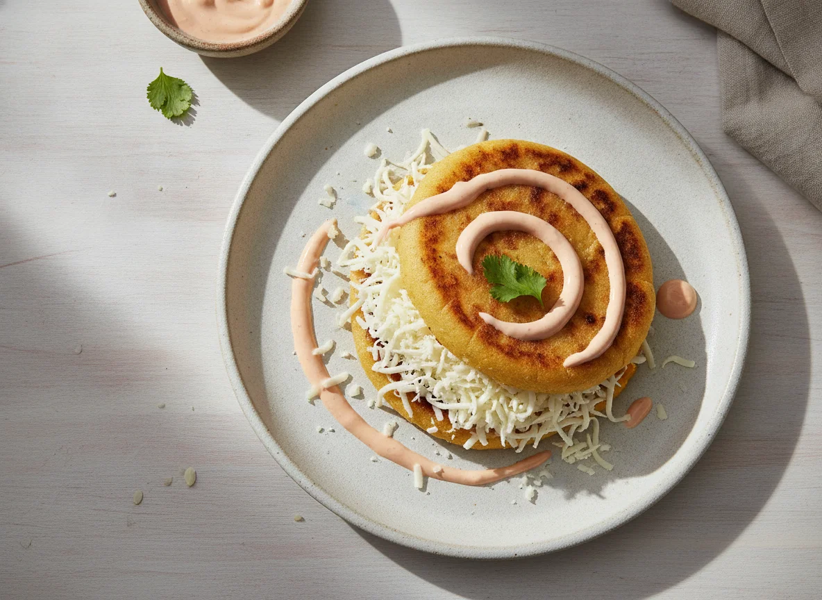 Arepa con queso y salsa rosada photo