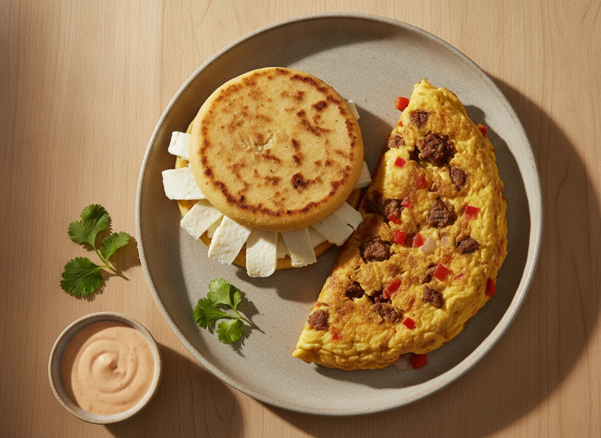Arepa con queso y tortilla de huevo photo