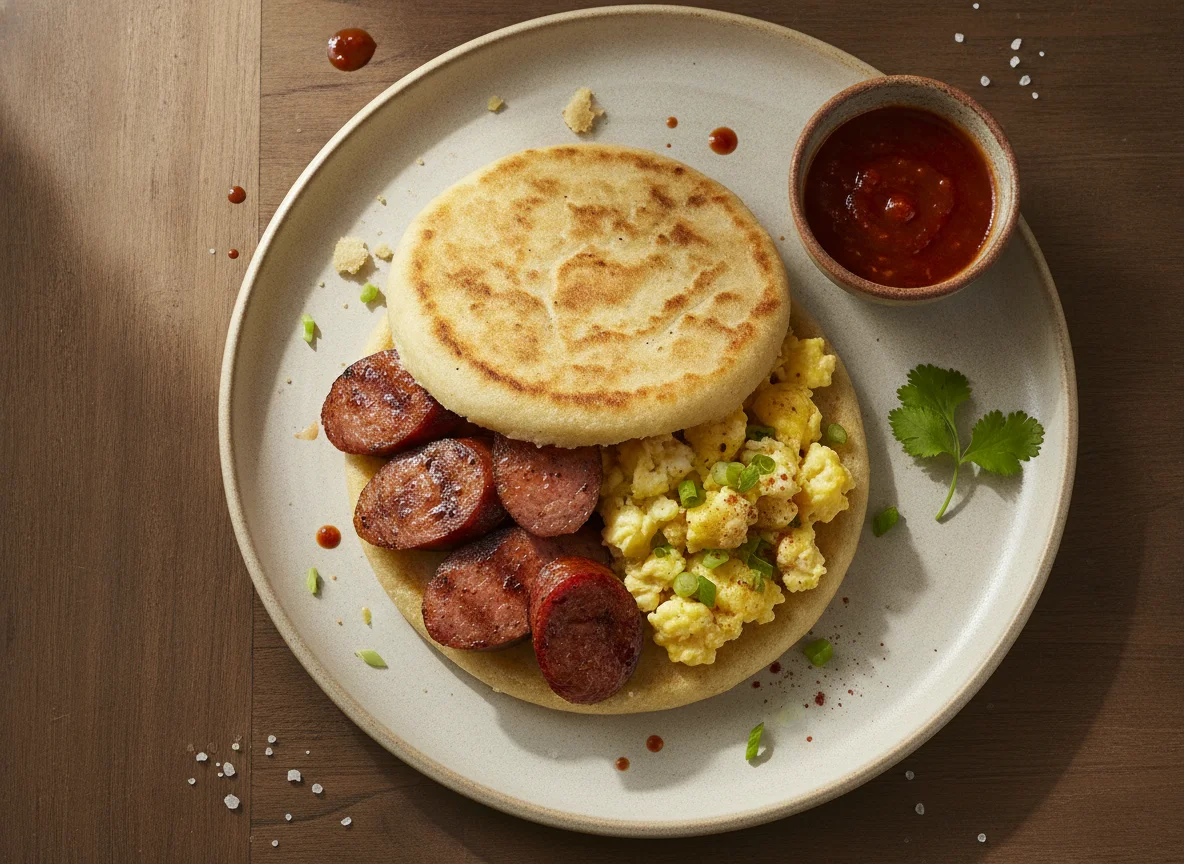 Arepa con salchicha y huevo revuelto photo