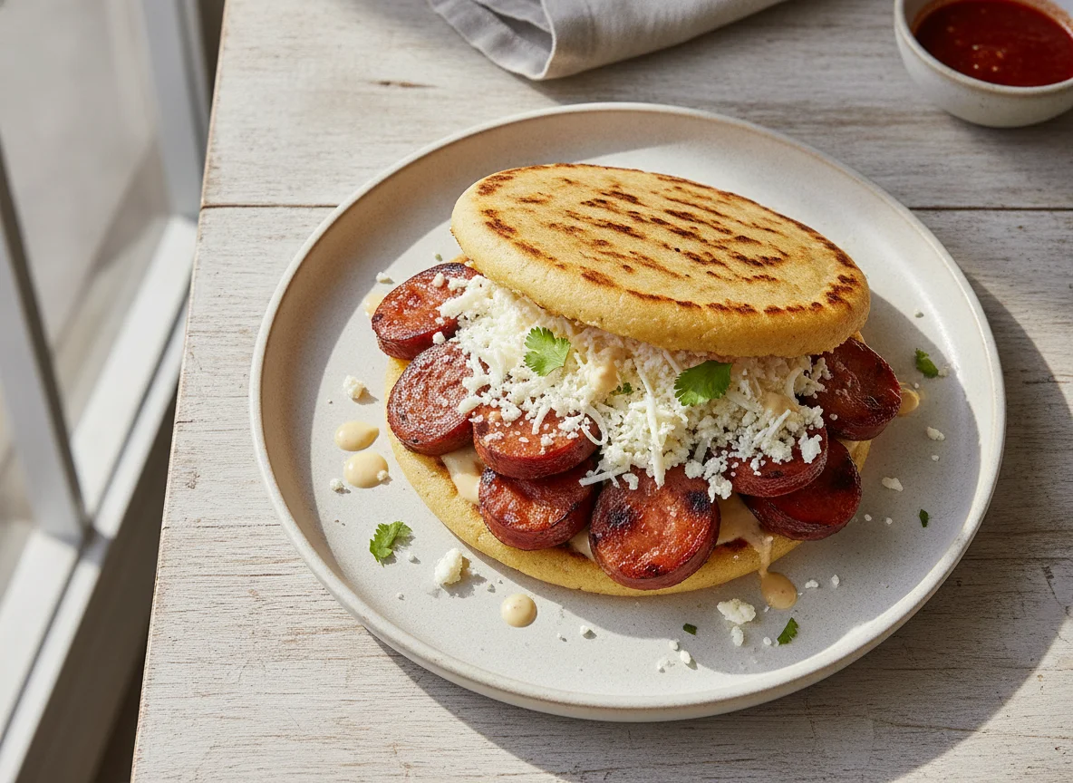 Arepa con salchicha y queso photo