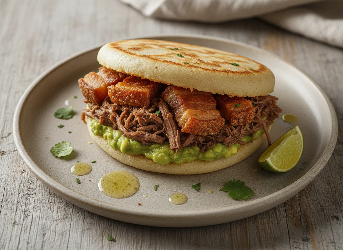 Arepa rellena con carne desmechada, chicharrón y aguacate photo
