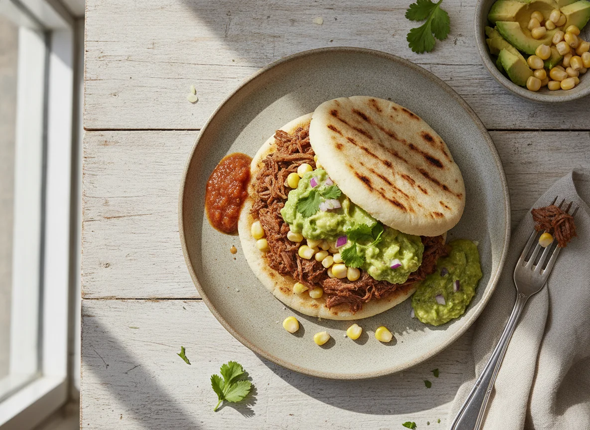 Arepa rellena con carne desmechada, maíz y guacamole photo
