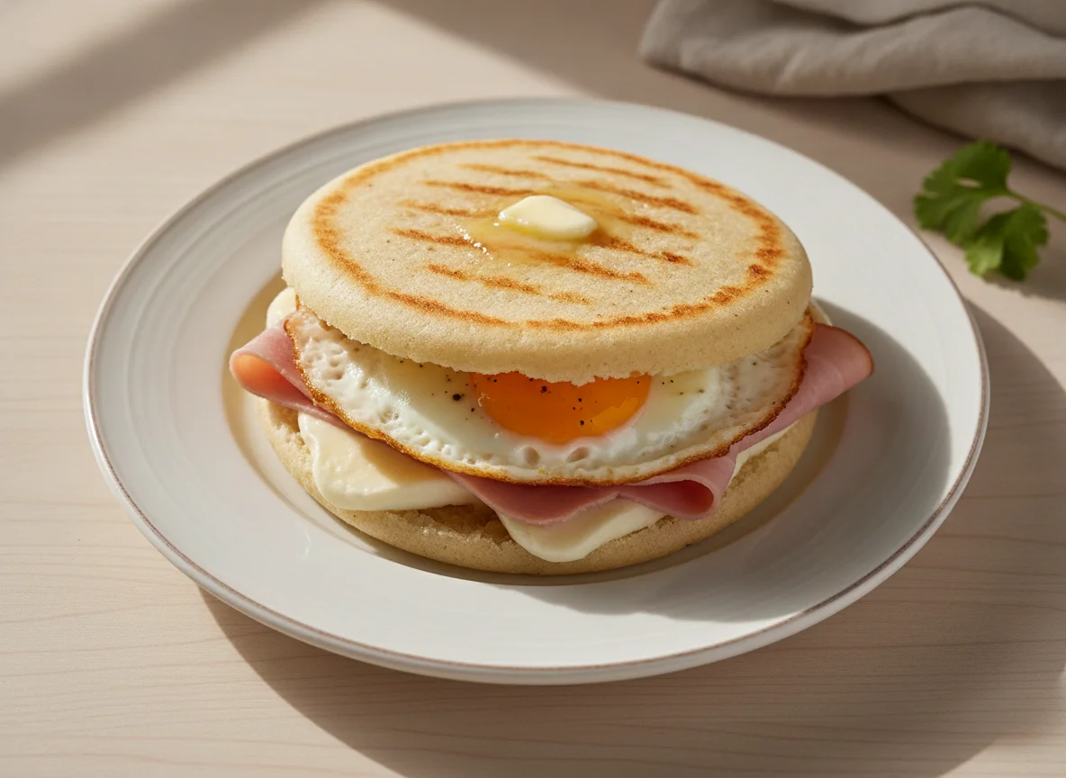 Arepa rellena con jamón, queso y huevo photo