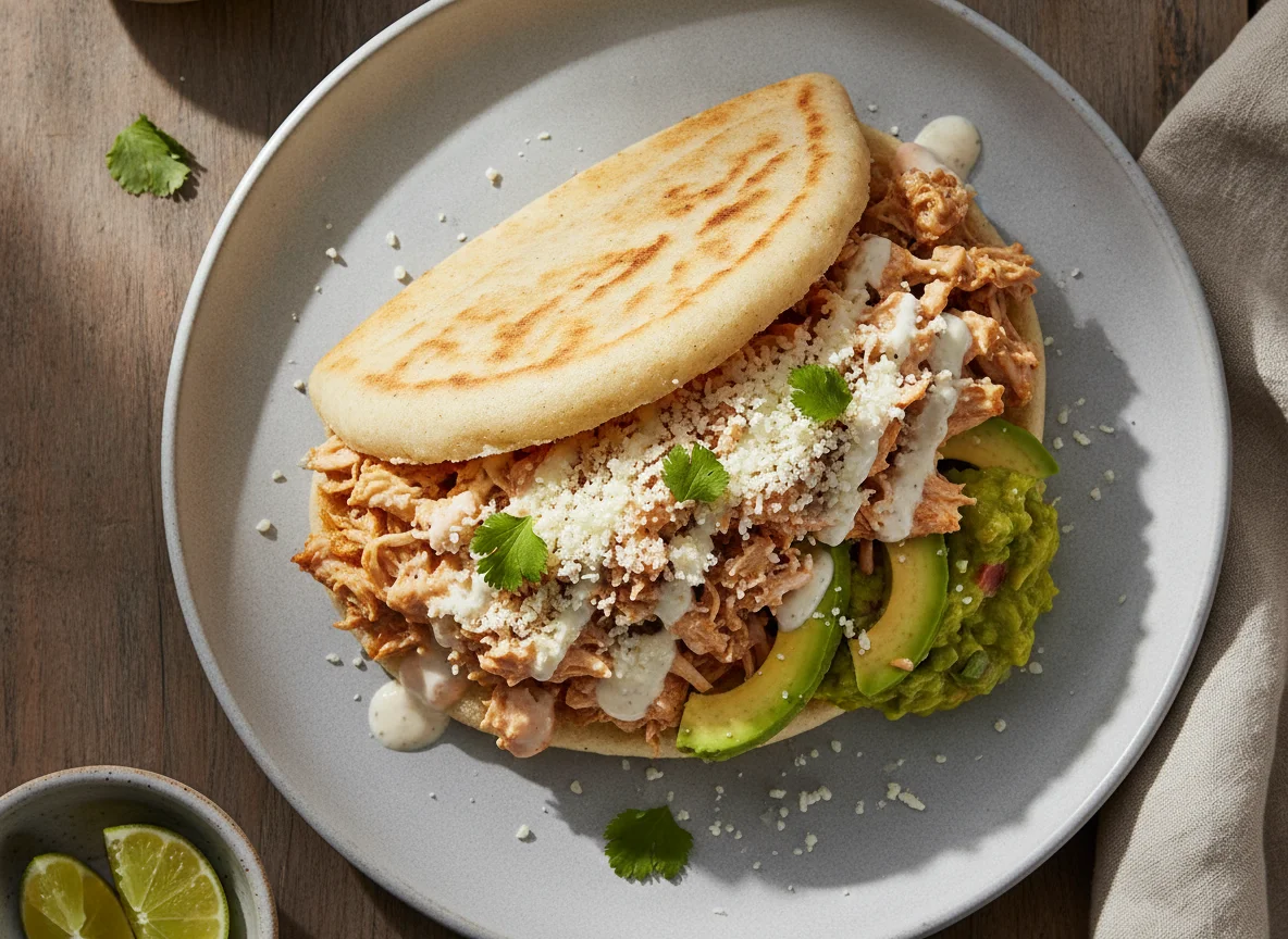 Arepa rellena con pollo y salsas photo