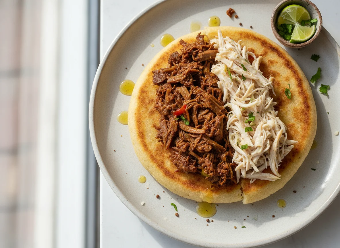 Arepa rellena de carne desmechada y pollo photo
