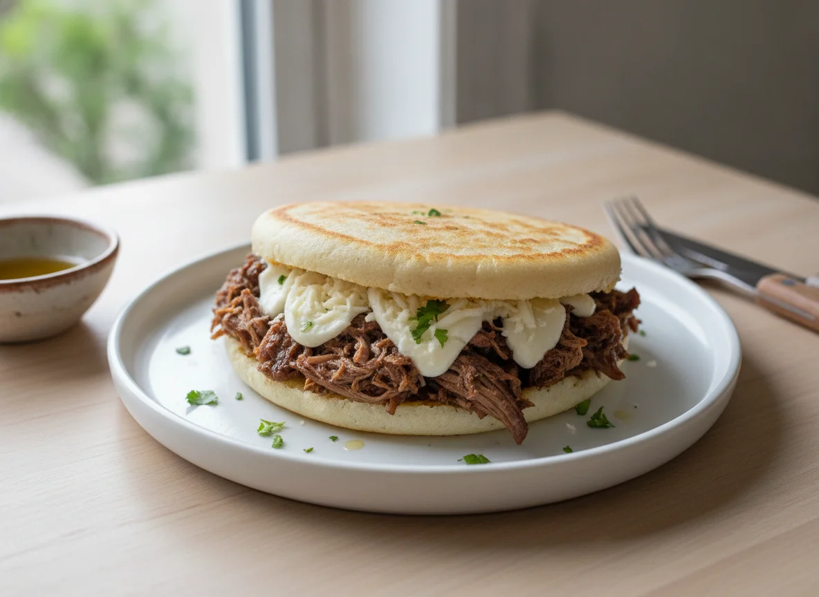 Arepa rellena de carne desmechada y queso photo